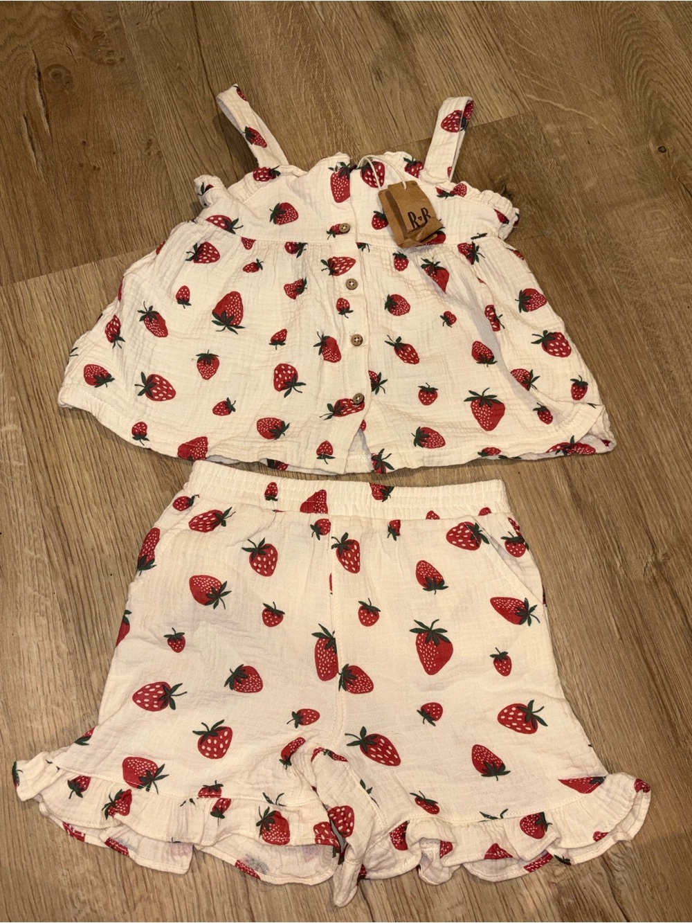 Girls Strawberry Print Two-Piece Set - White & Red 100% organic cotton